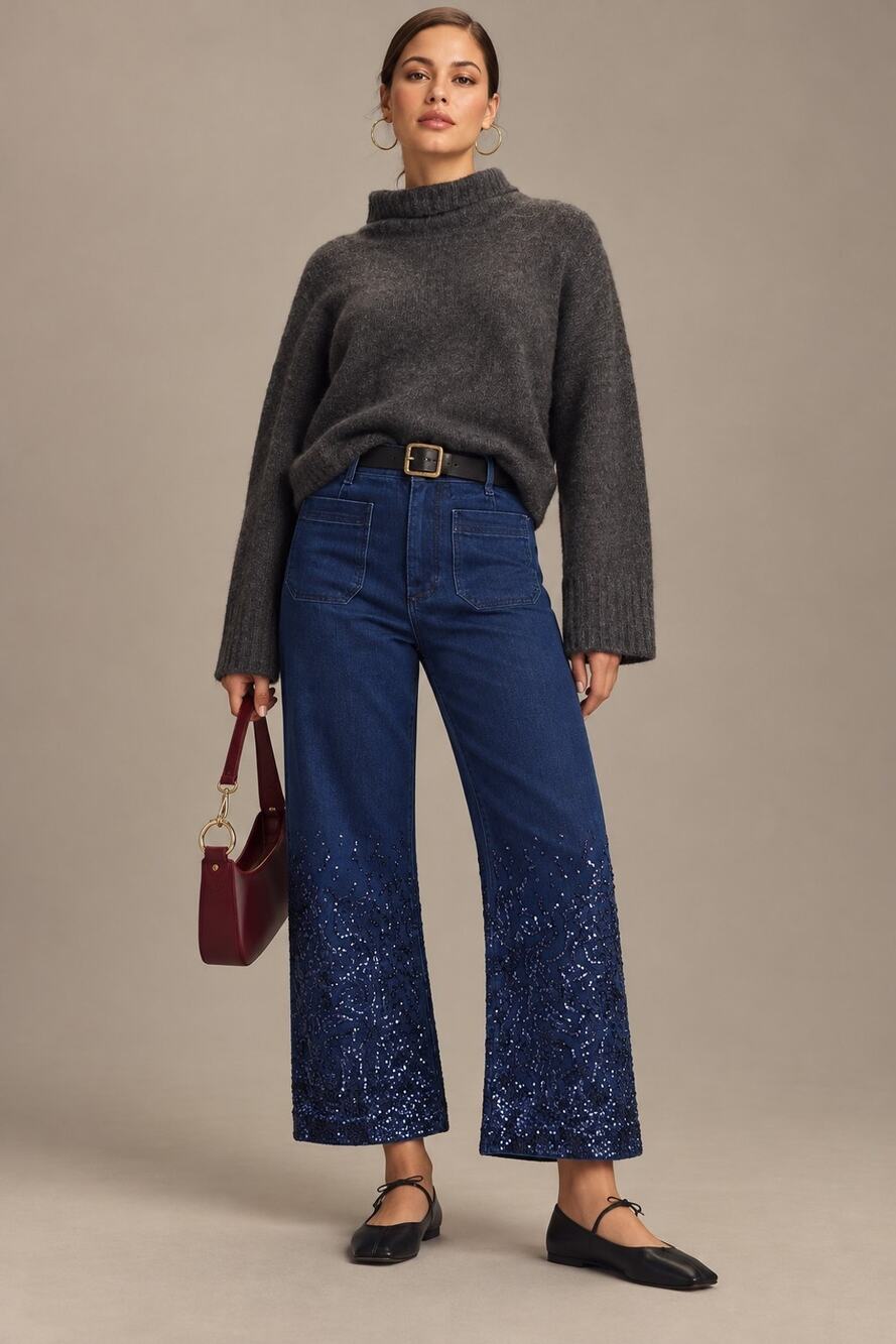 Anthropologie Maeve Colette Sequin Wide Leg Crop High Rise Jeans Blue 29 R NWOT